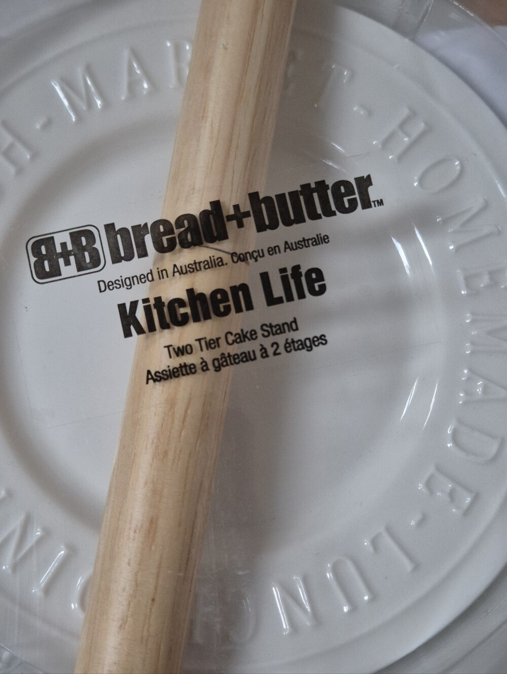 NIB Bread & Butter White Ceramic Two Tier Cake Stand Kitchen Life Dessert Tray